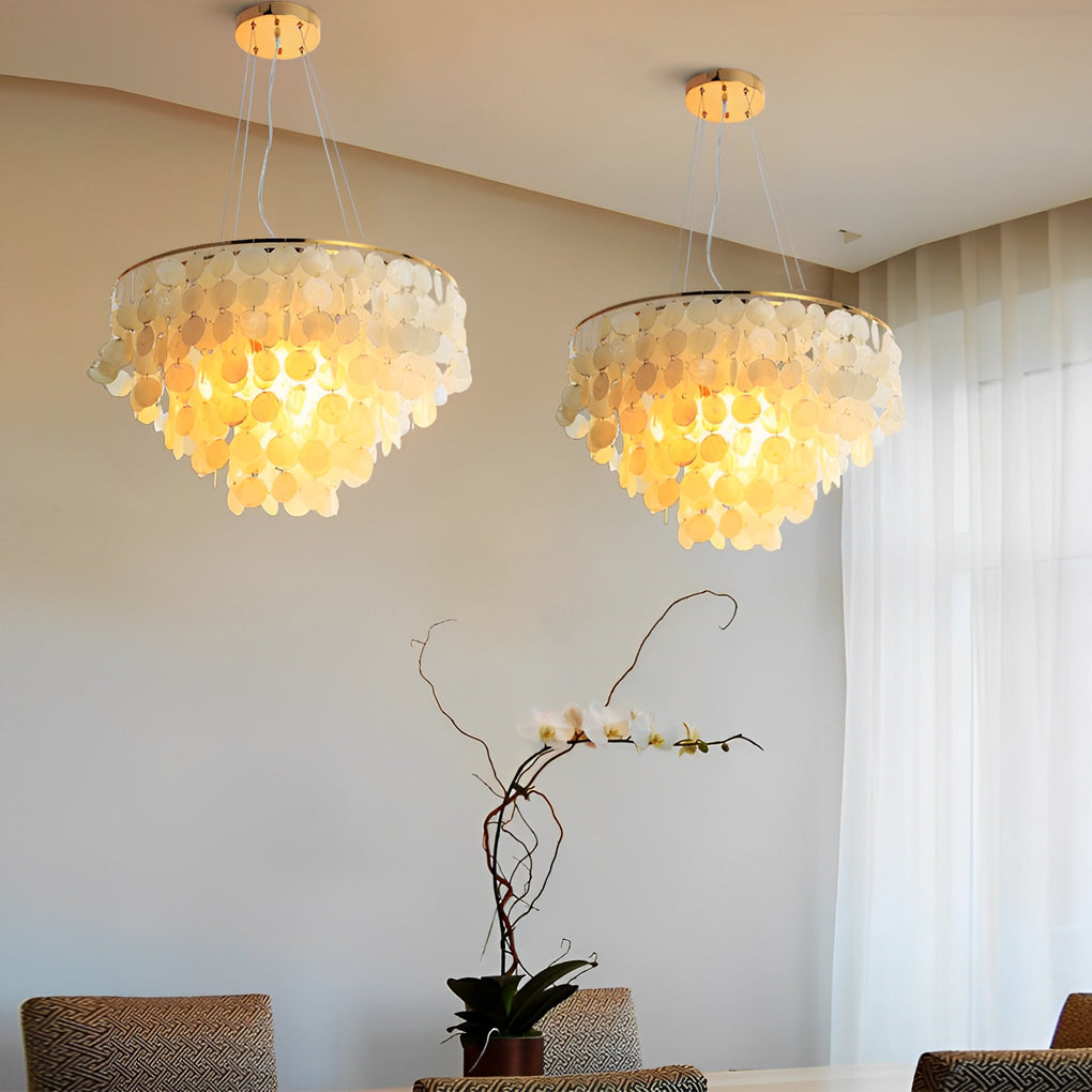 Modern Gold Nordic Chandelier with Round Shell Pieces and Electroplated Iron Frame