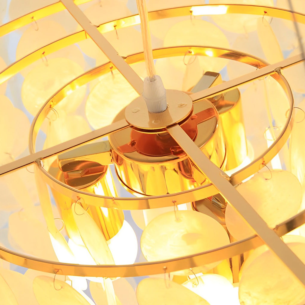 Modern Gold Nordic Chandelier with Round Shell Pieces and Electroplated Iron Frame