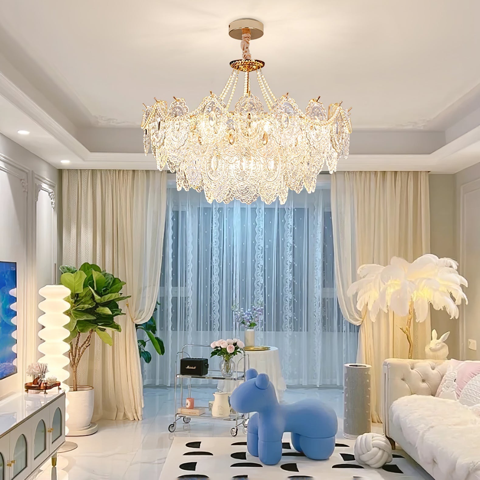 Modern Gold Pearl Glass Chandelier Luxury Globe Pendant Ceiling Light