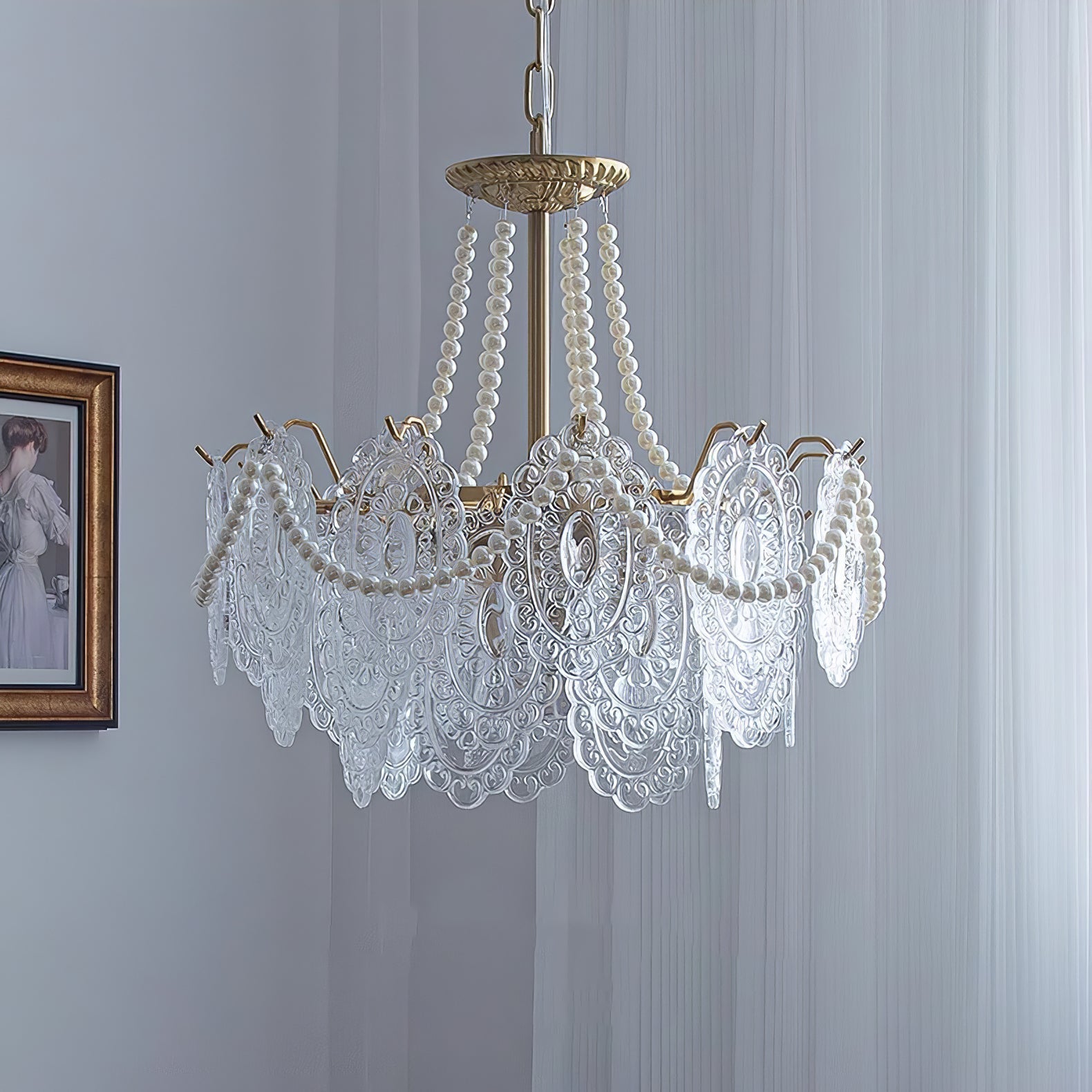 Modern Gold Pearl Glass Chandelier Luxury Globe Pendant Ceiling Light