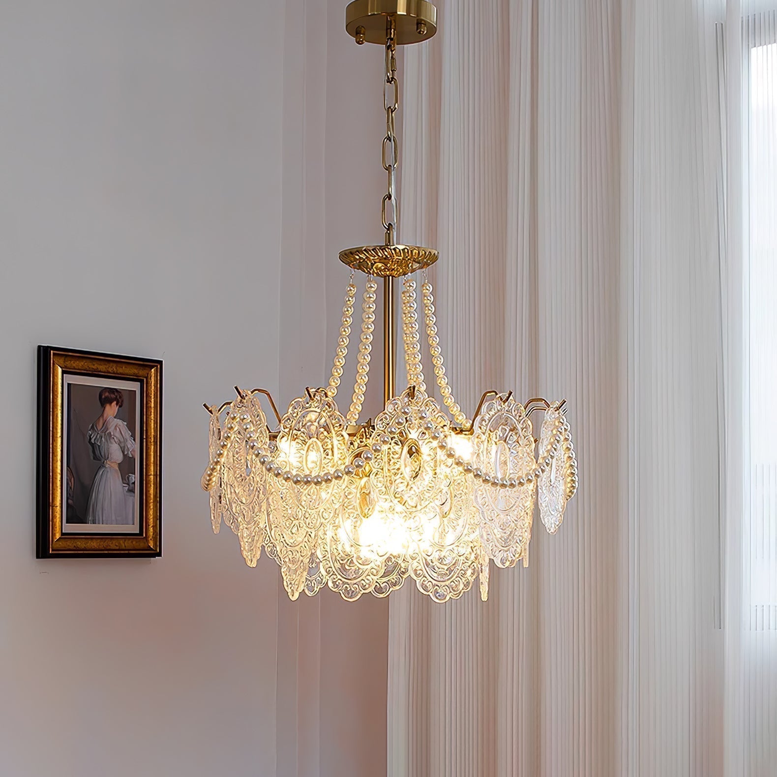 Modern Gold Pearl Glass Chandelier Luxury Globe Pendant Ceiling Light