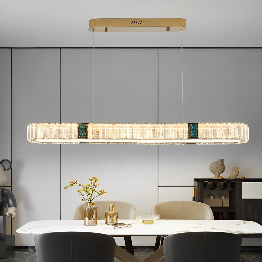 Modern Gold Rectangular Crystal Chandelier Dimmable Linear LED Pendant Light for Dining Room Kitchen