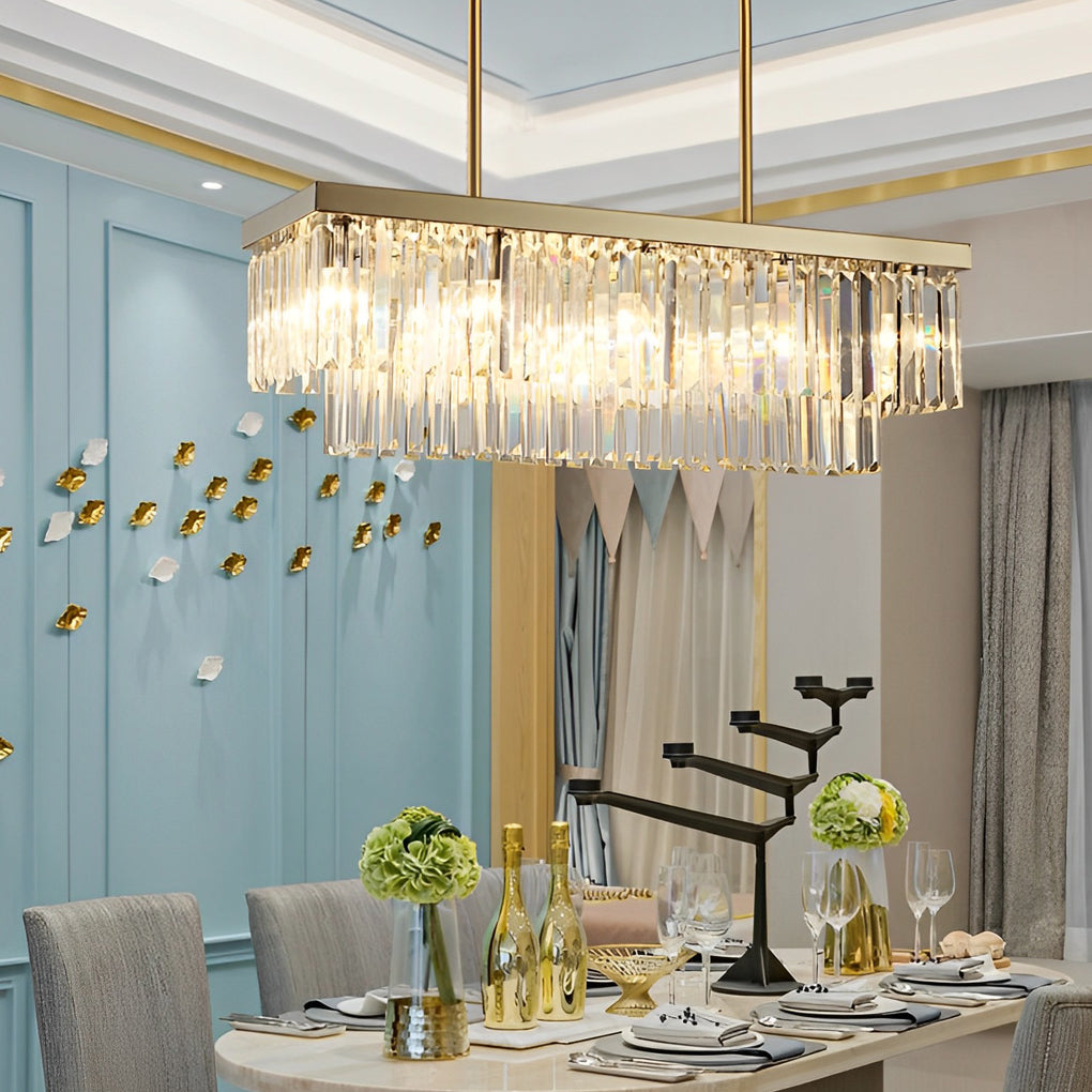 Modern Gold Rectangular Crystal Chandelier with 3 Step Dimming LED Light Fixture