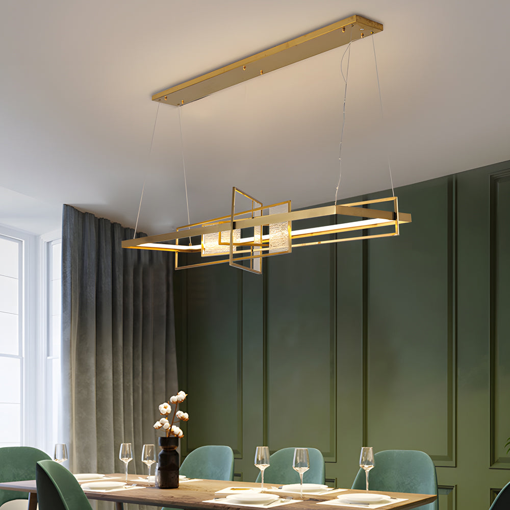 Modern Gold Rectangular LED Chandelier with Glass Accents for Dining Room