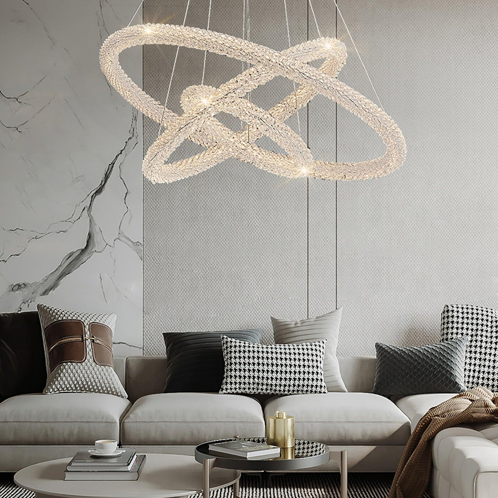 Modern Gold Ring Crystal LED Chandelier Adjustable Hanging Ceiling Pendant Light