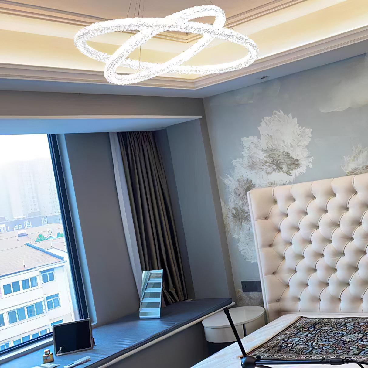 Modern Gold Ring Crystal LED Chandelier Adjustable Hanging Ceiling Pendant Light