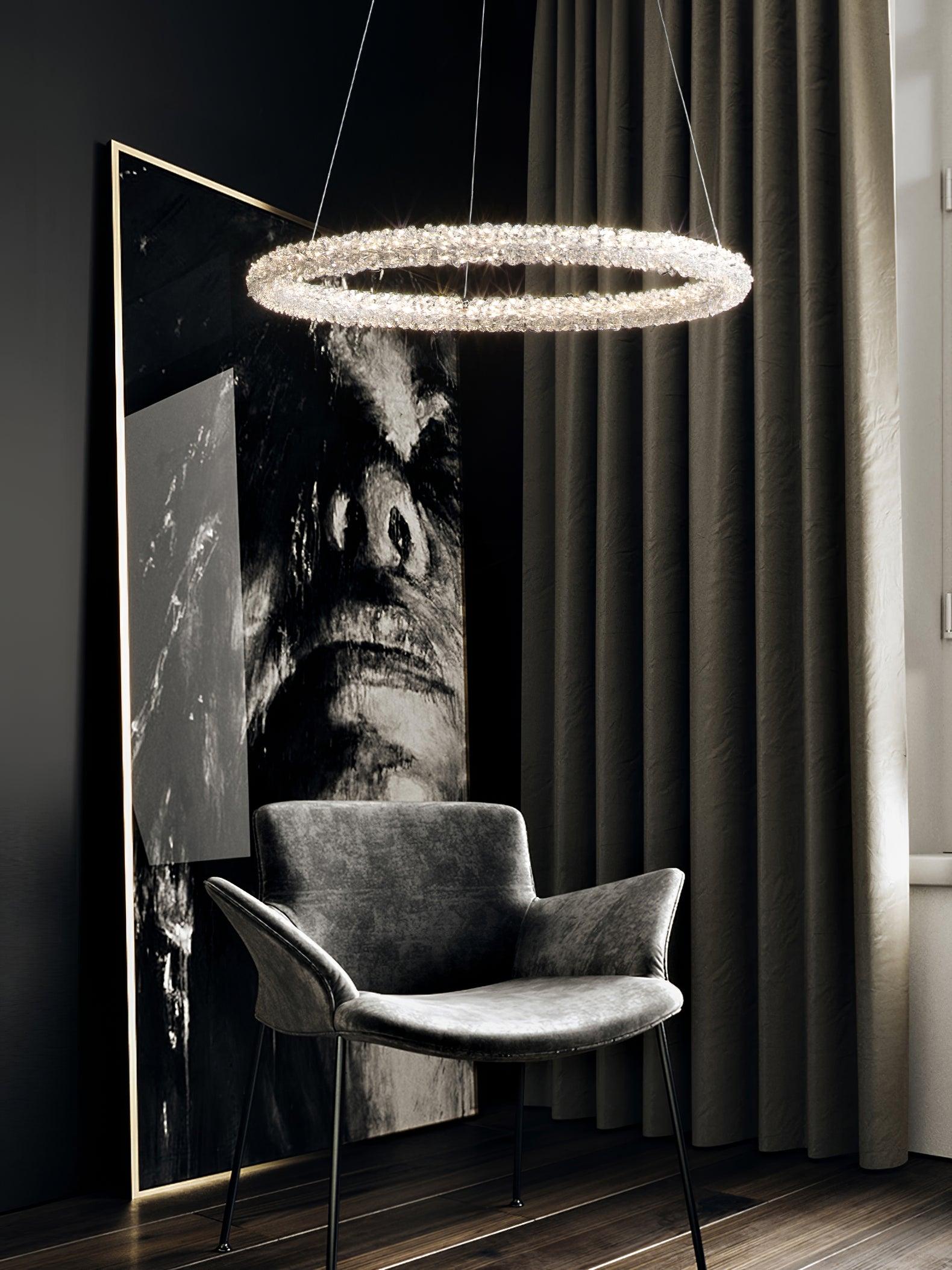 Modern Gold Ring Crystal LED Chandelier Adjustable Hanging Ceiling Pendant Light
