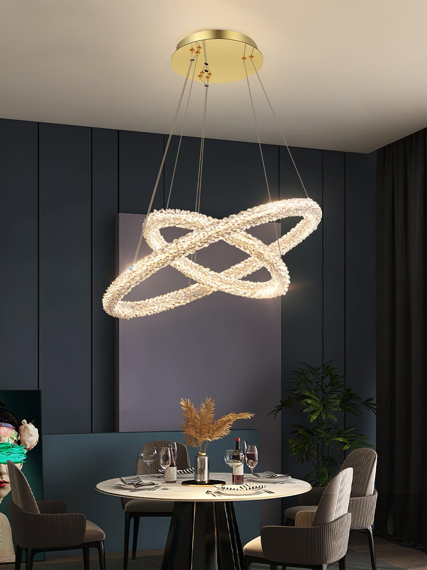 Modern Gold Ring Crystal LED Chandelier Adjustable Hanging Ceiling Pendant Light