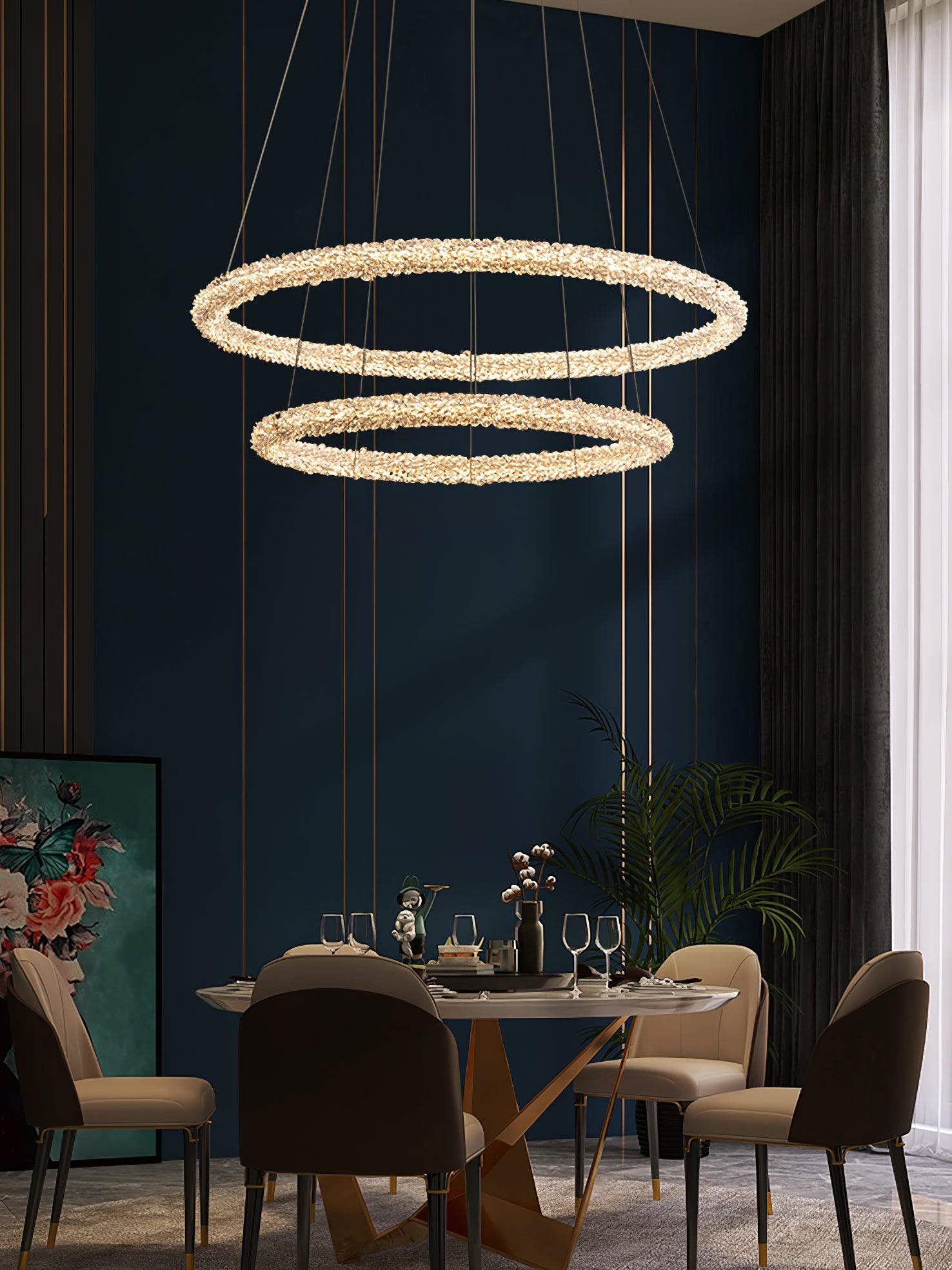 Modern Gold Ring Crystal LED Chandelier Adjustable Hanging Ceiling Pendant Light