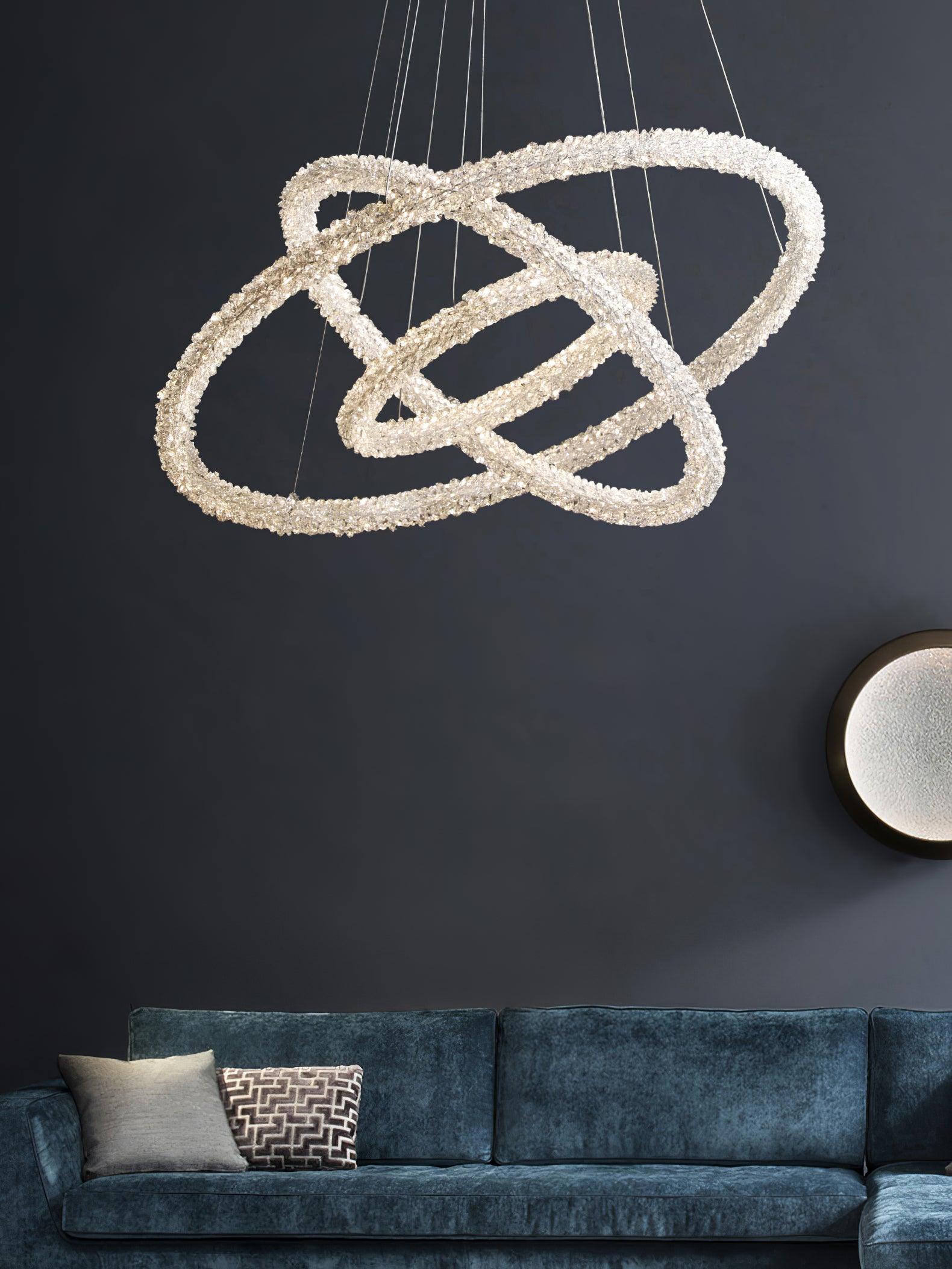 Modern Gold Ring Crystal LED Chandelier Adjustable Hanging Ceiling Pendant Light