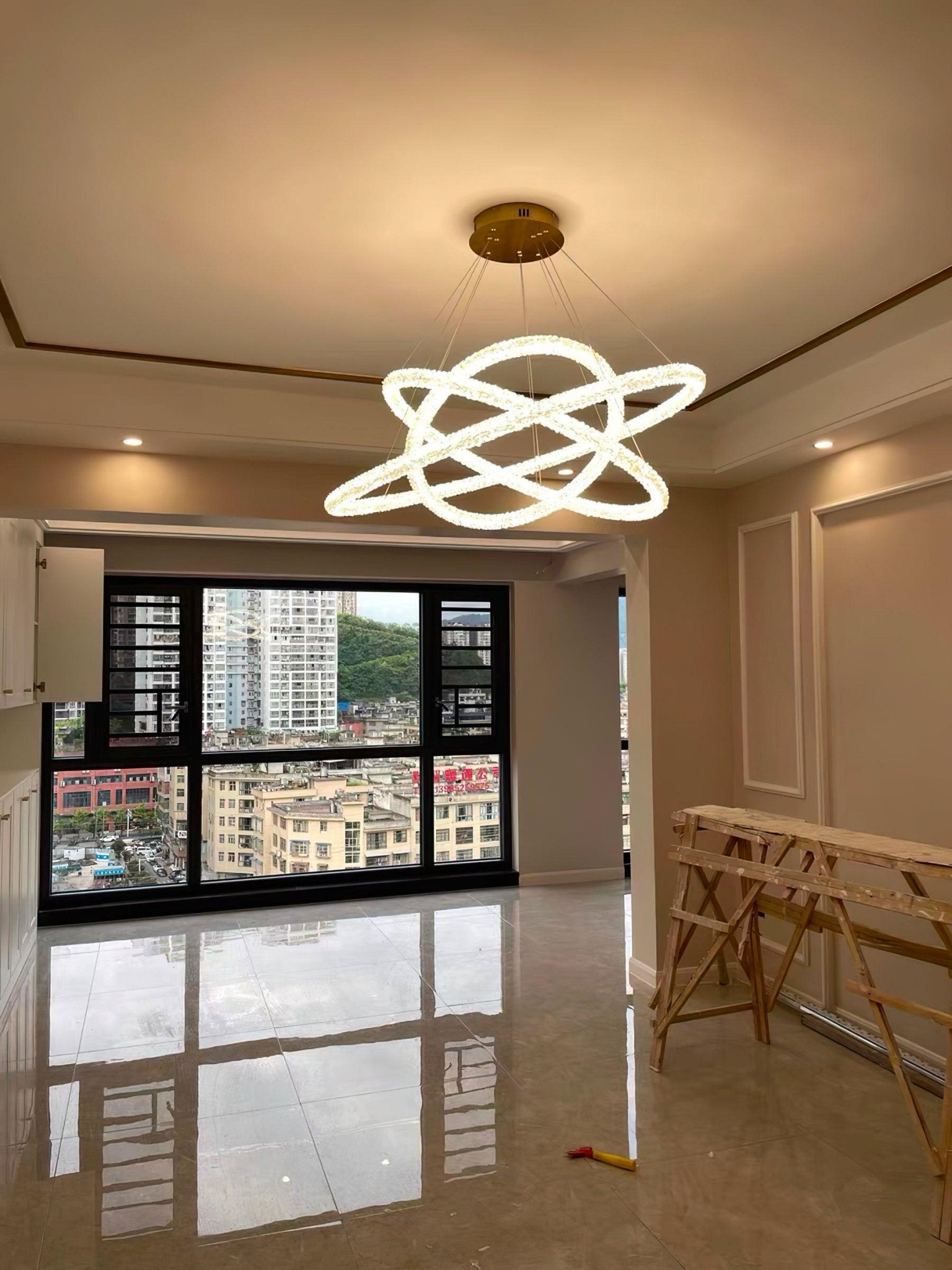 Modern Gold Ring Crystal LED Chandelier Adjustable Hanging Ceiling Pendant Light