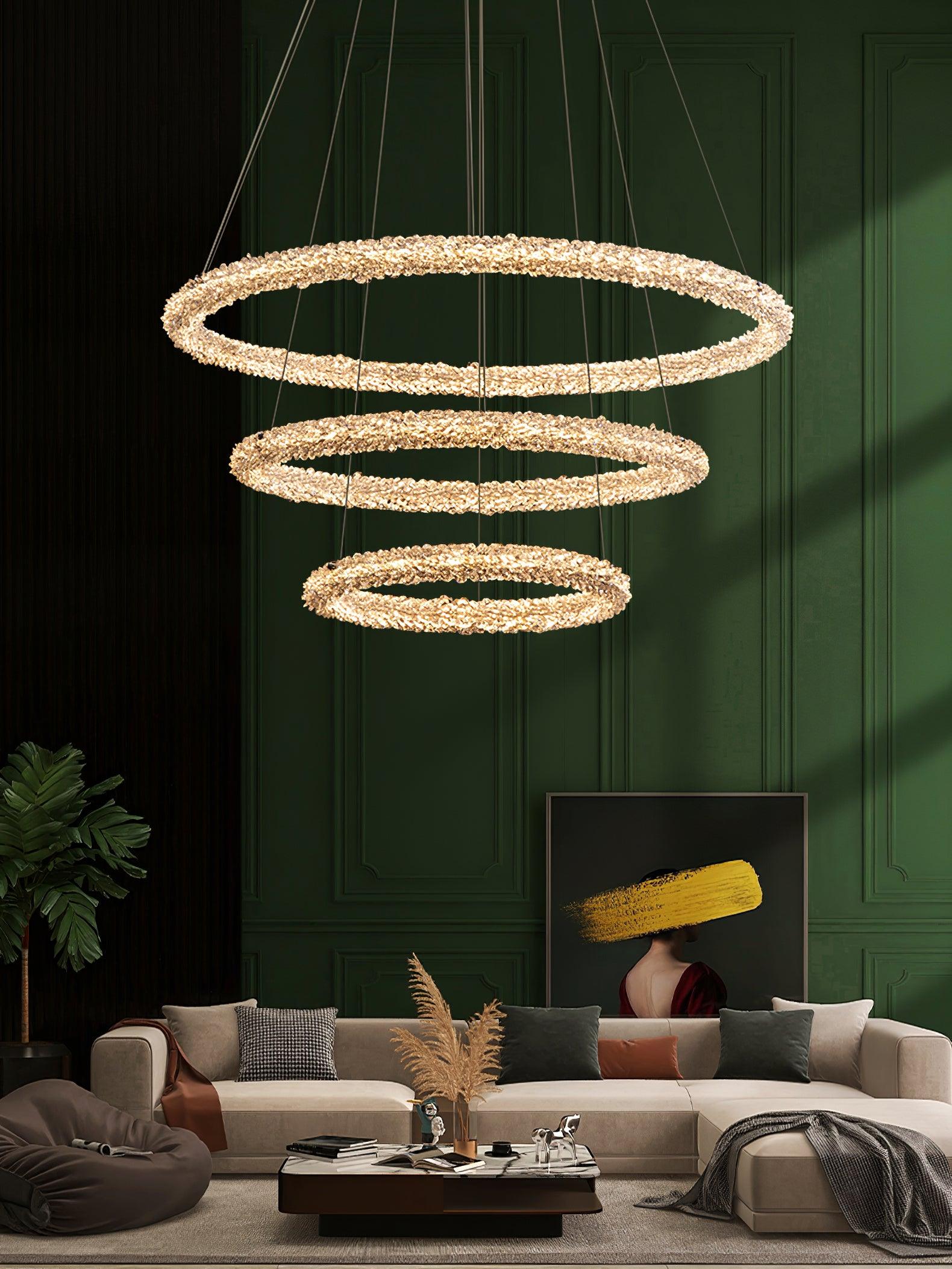 Modern Gold Ring Crystal LED Chandelier Adjustable Hanging Ceiling Pendant Light