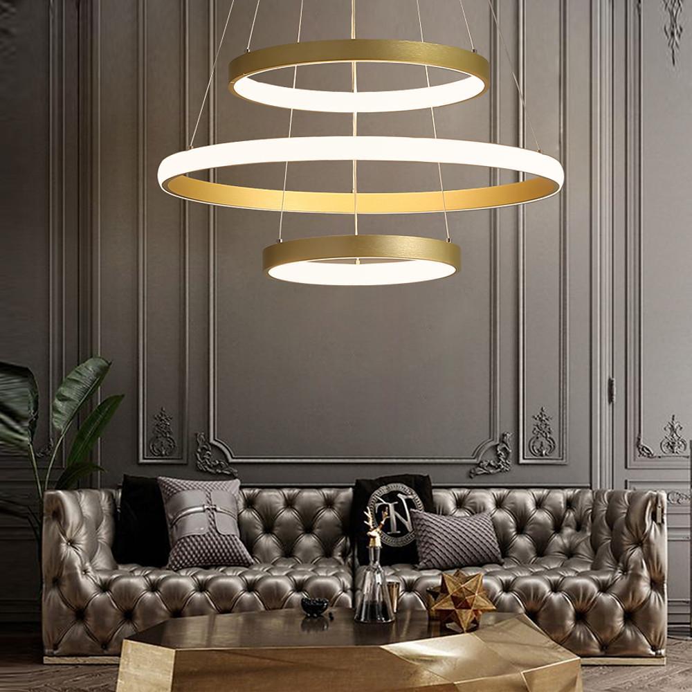 Modern Gold Ring LED Pendant Light Adjustable Height Dimmable Chandelier Lighting