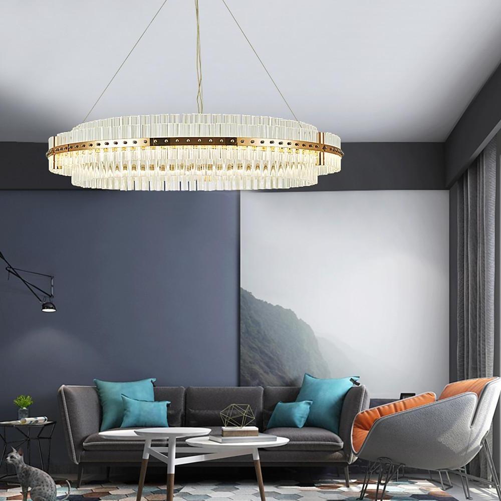 Modern Gold Round Crystal Chandelier LED Single Tier Hanging Light for Dining Room