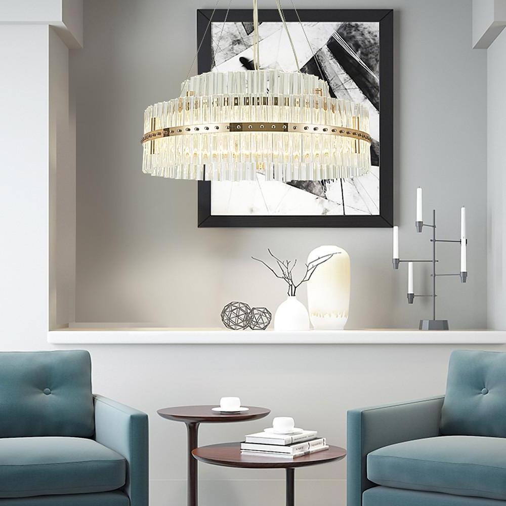 Modern Gold Round Crystal Chandelier LED Single Tier Hanging Light for Dining Room