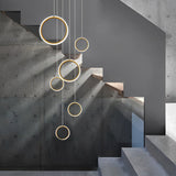 Modern Gold Round Ring LED Chandelier for Spiral Staircase and High Ceilings