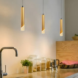 Modern Gold Slender Cylinder LED Pendant Light with 3 Color Dimming for Dining Room Bedroom