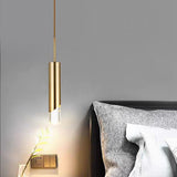 Modern Gold Slender Cylinder Pendant Light with Crystal Column LED Hanging Fixture