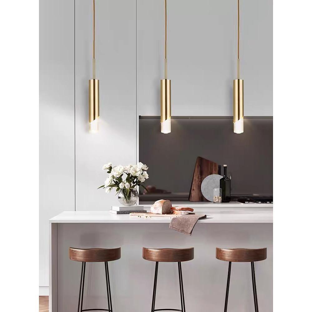 Modern Gold Slender Cylinder Pendant Light with Crystal Column LED Hanging Fixture