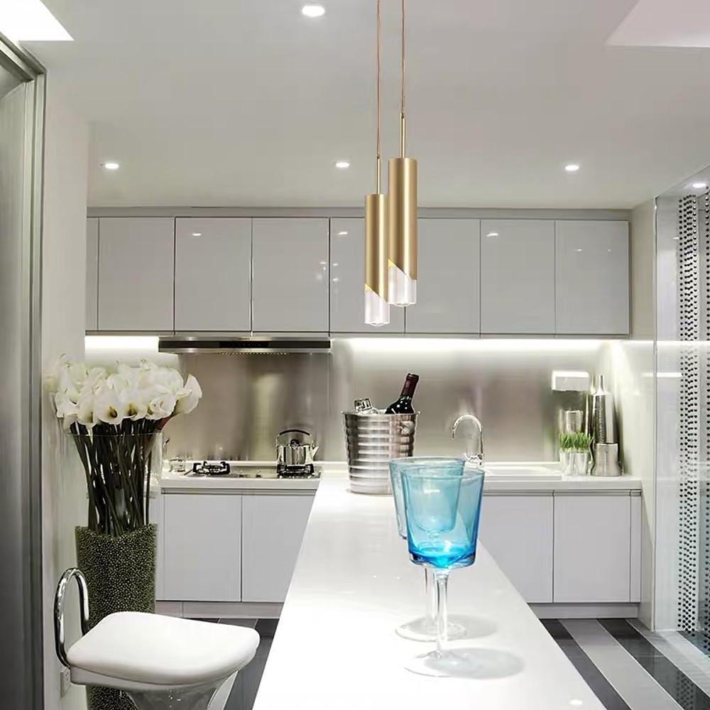 Modern Gold Slender Cylinder Pendant Light with Crystal Column LED Hanging Fixture