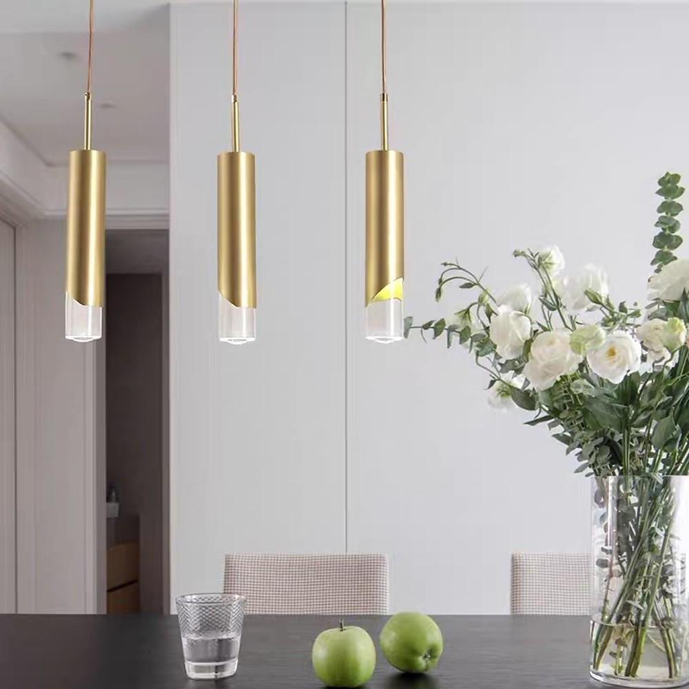 Modern Gold Slender Cylinder Pendant Light with Crystal Column LED Hanging Fixture