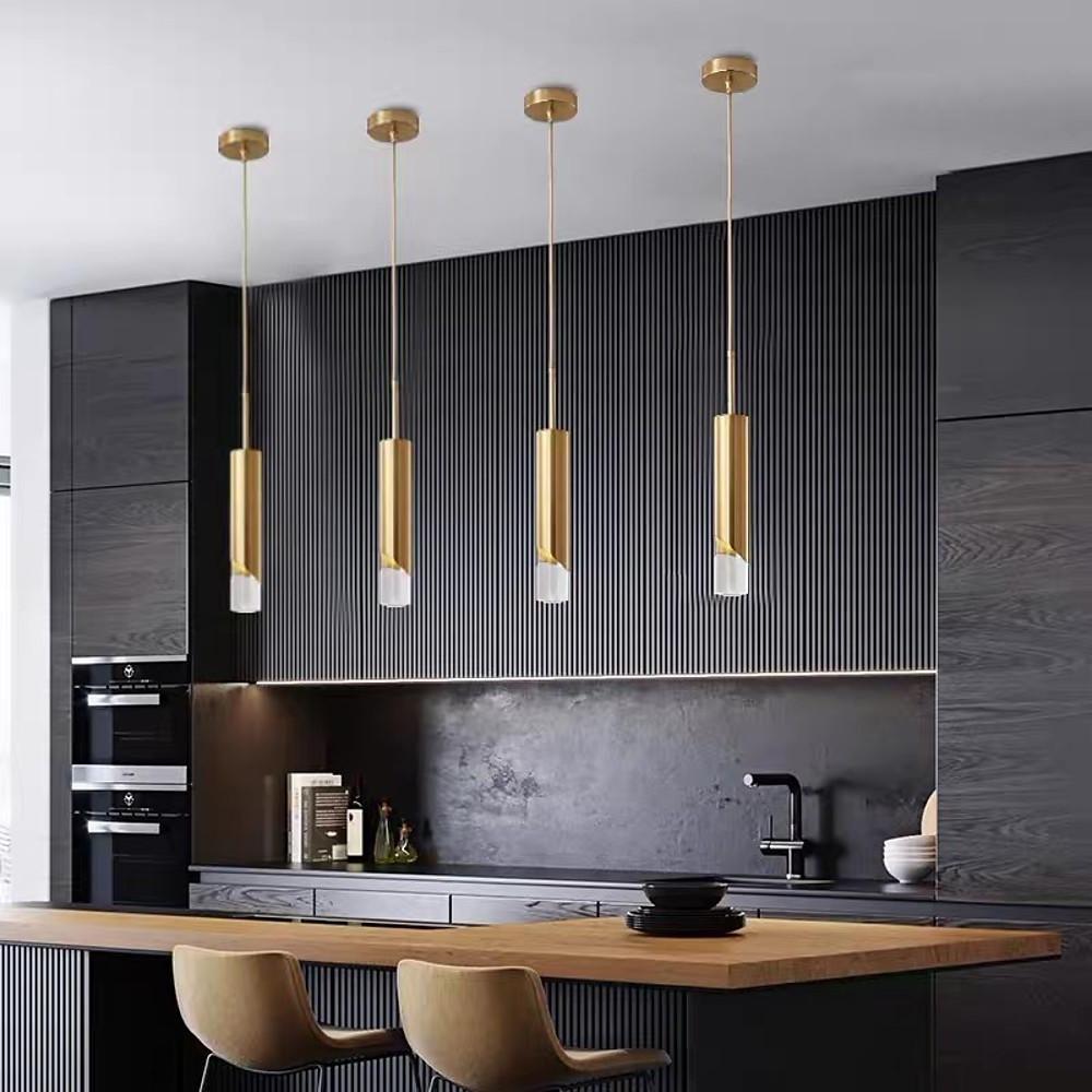 Modern Gold Slender Cylinder Pendant Light with Crystal Column LED Hanging Fixture