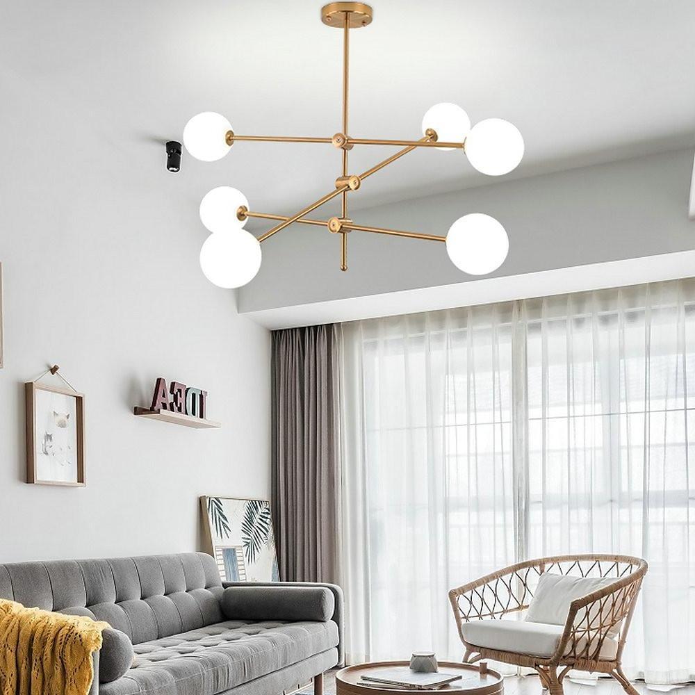 Modern Gold Sputnik Chandelier with 6 Glass Globe Lights Geometrical Pendant Lighting Fixture