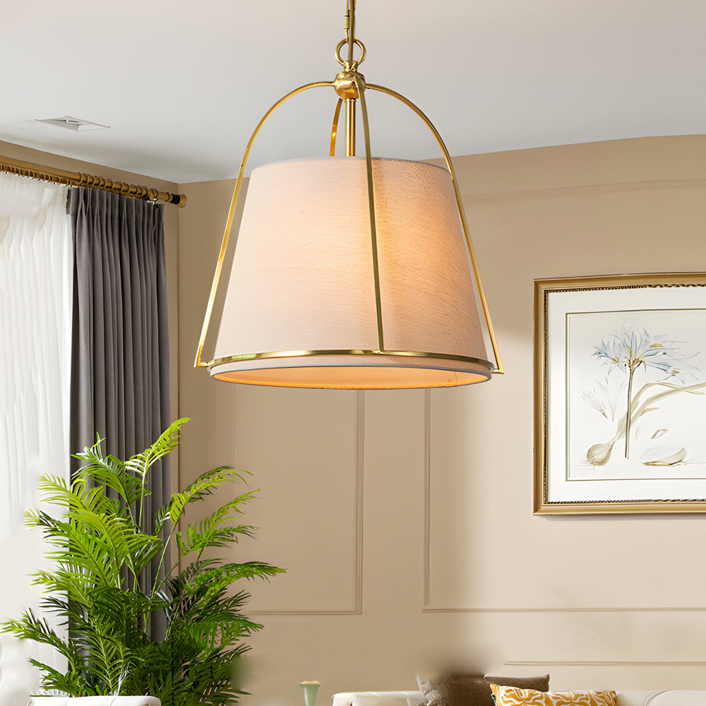 Modern Gold Trapezoid Pendant Light 13.8 Inch Wide with White Fabric Tapered Shade 4 Light Fixture