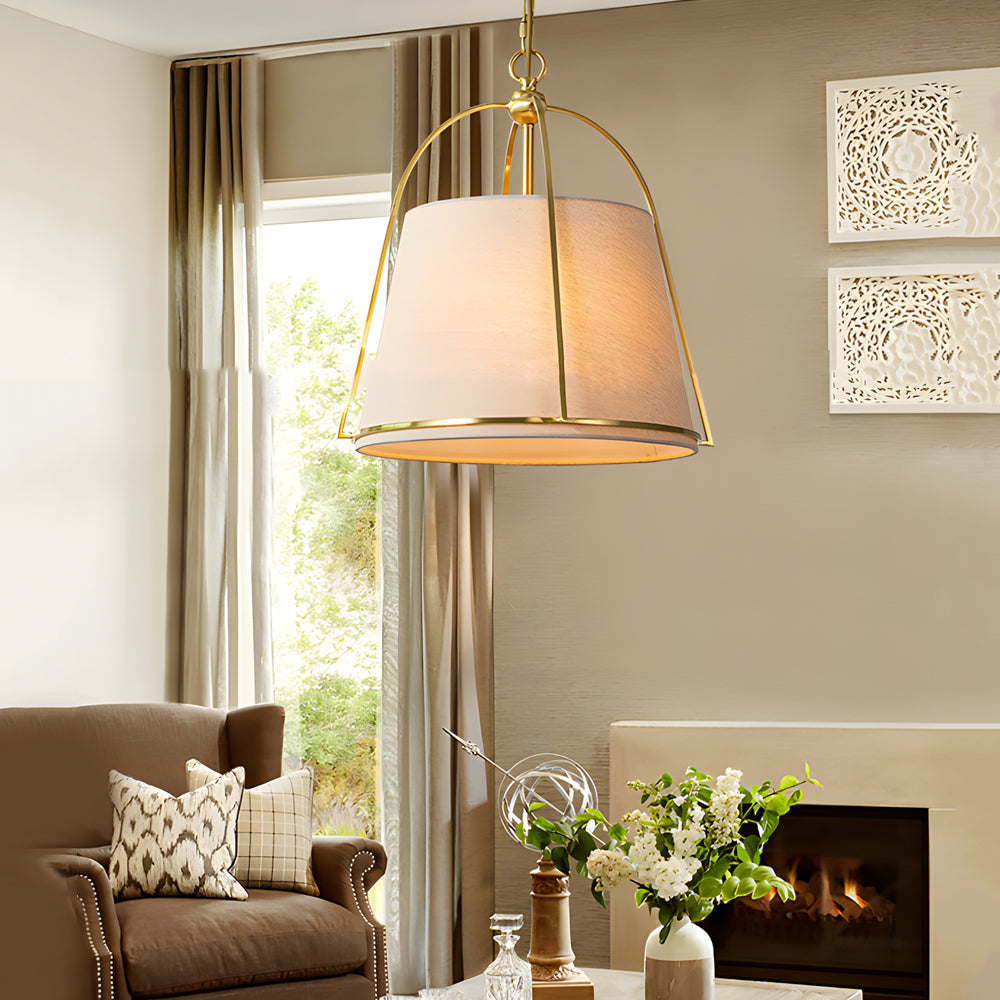 Modern Gold Trapezoid Pendant Light 13.8 Inch Wide with White Fabric Tapered Shade 4 Light Fixture