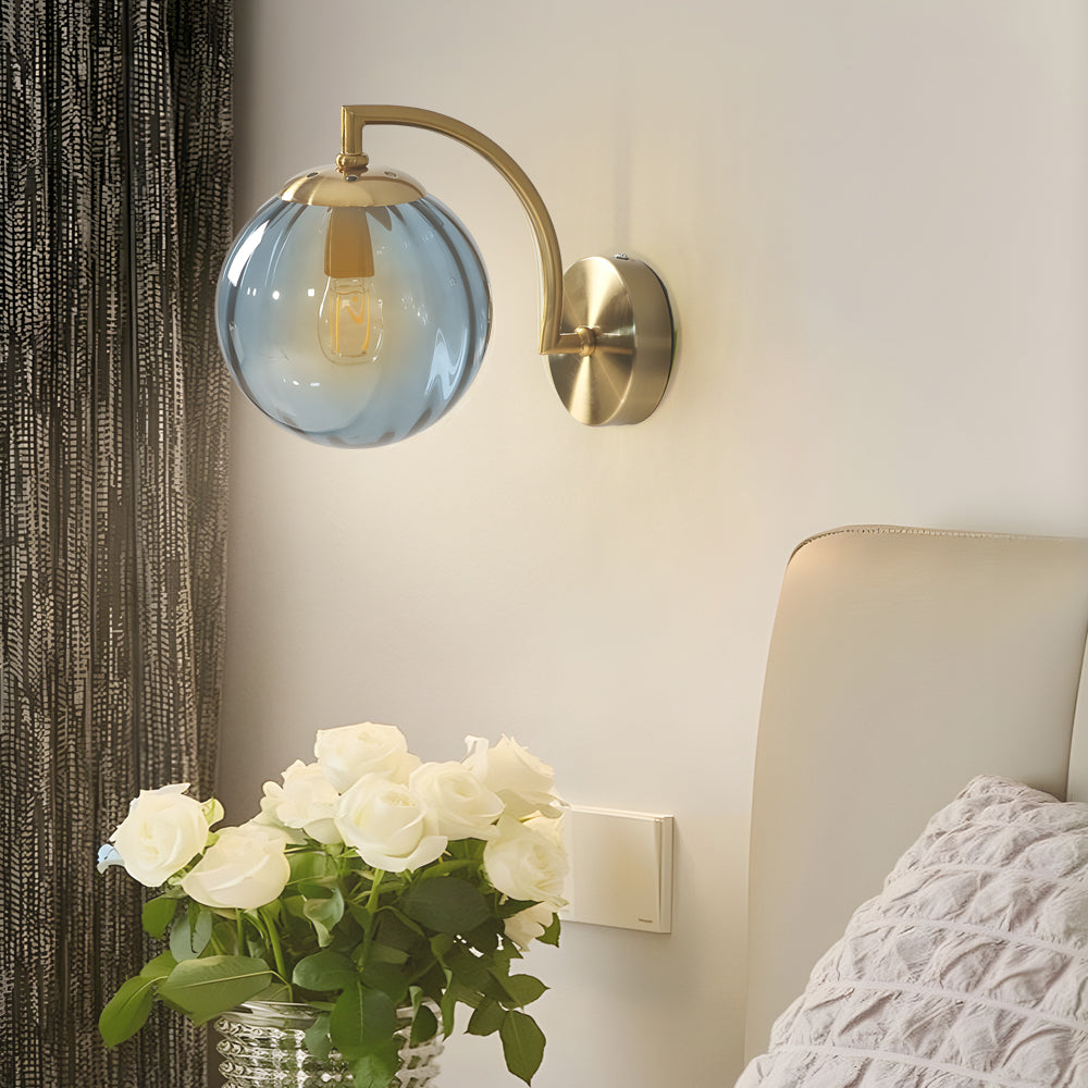 Modern Gold Wall Sconce with Ribbed Glass Globe Shade and Curved Arm Light Fixture
