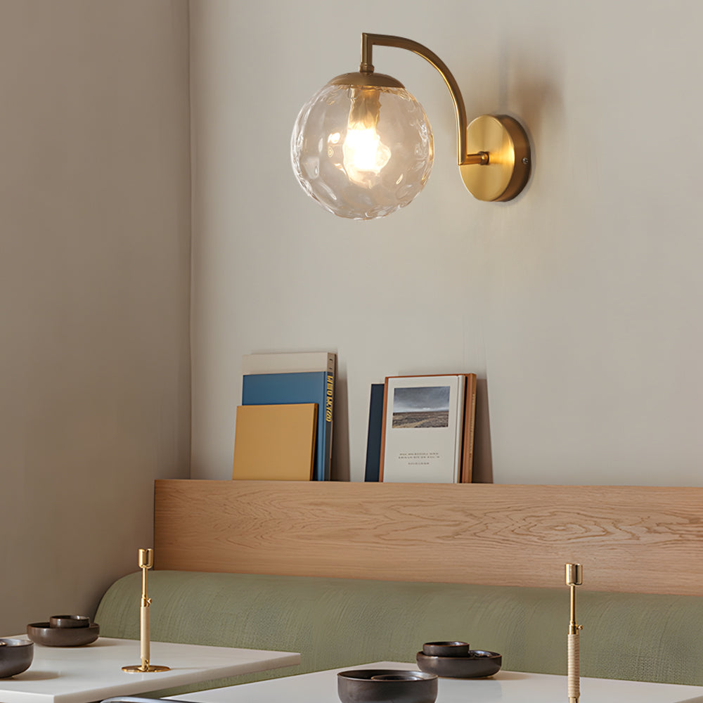 Modern Gold Wall Sconce with Ribbed Glass Globe Shade and Curved Arm Light Fixture