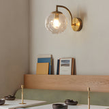 Modern Gold Wall Sconce with Ribbed Glass Globe Shade and Curved Arm Light Fixture