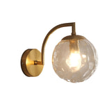 Modern Gold Wall Sconce with Ribbed Glass Globe Shade and Curved Arm Light Fixture