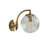 Modern Gold Wall Sconce with Ribbed Glass Globe Shade and Curved Arm Light Fixture