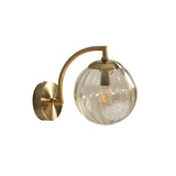 Modern Gold Wall Sconce with Ribbed Glass Globe Shade and Curved Arm Light Fixture