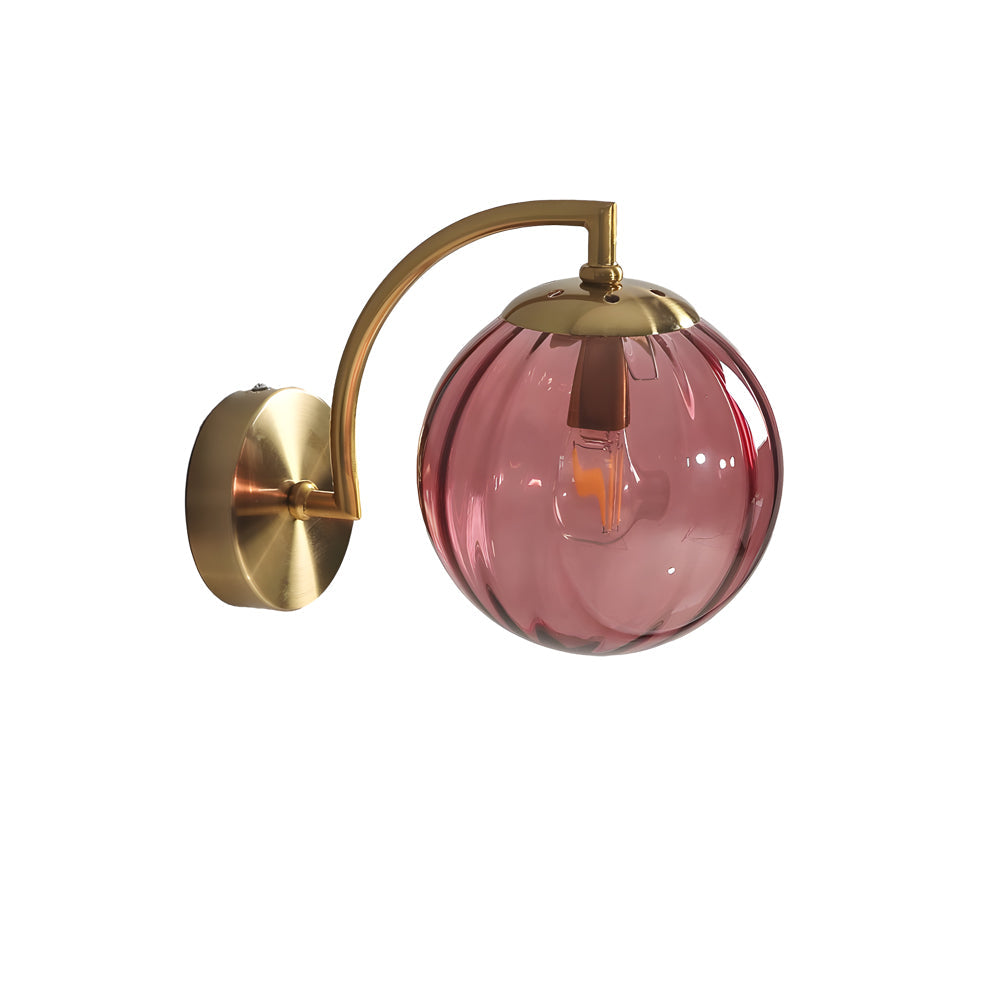Modern Gold Wall Sconce with Ribbed Glass Globe Shade and Curved Arm Light Fixture