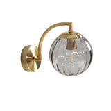 Modern Gold Wall Sconce with Ribbed Glass Globe Shade and Curved Arm Light Fixture