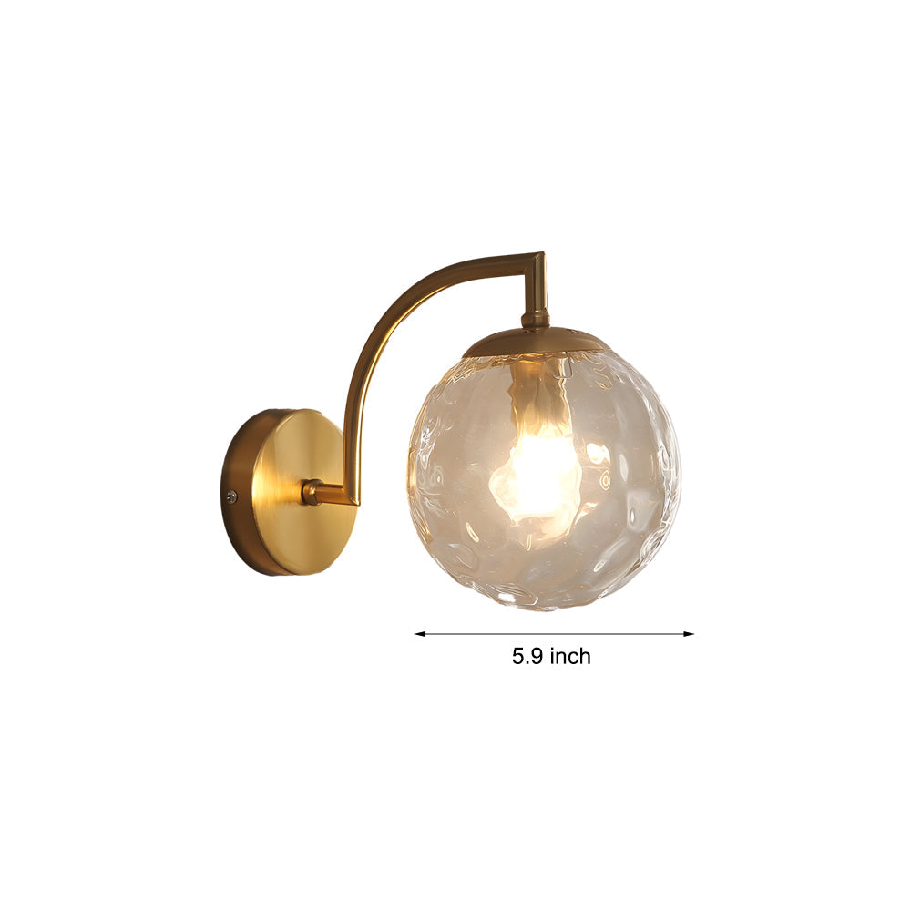 Modern Gold Wall Sconce with Ribbed Glass Globe Shade and Curved Arm Light Fixture