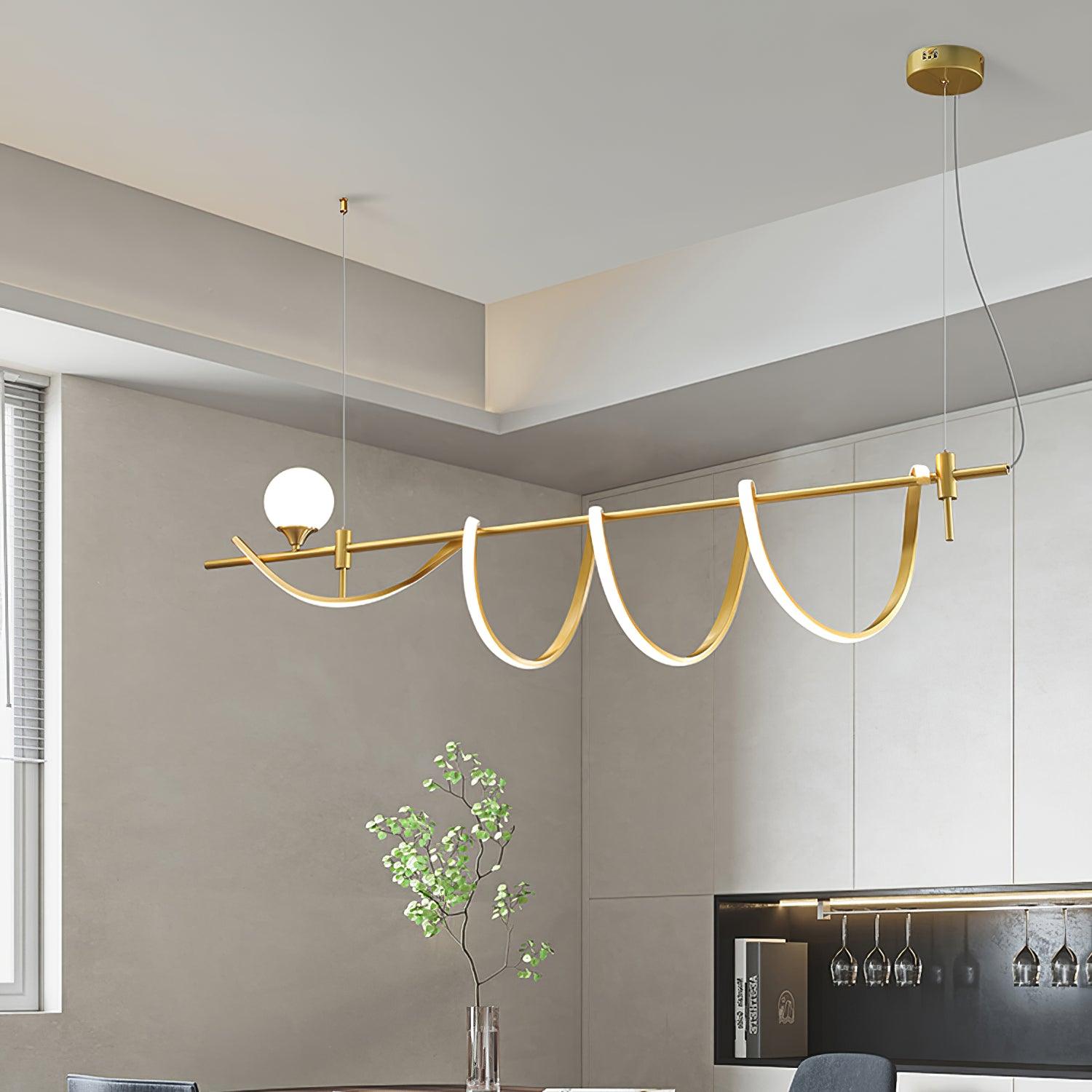 Modern Gold Wave LED Pendant Light Minimalist Linear Chandelier for Dining Room