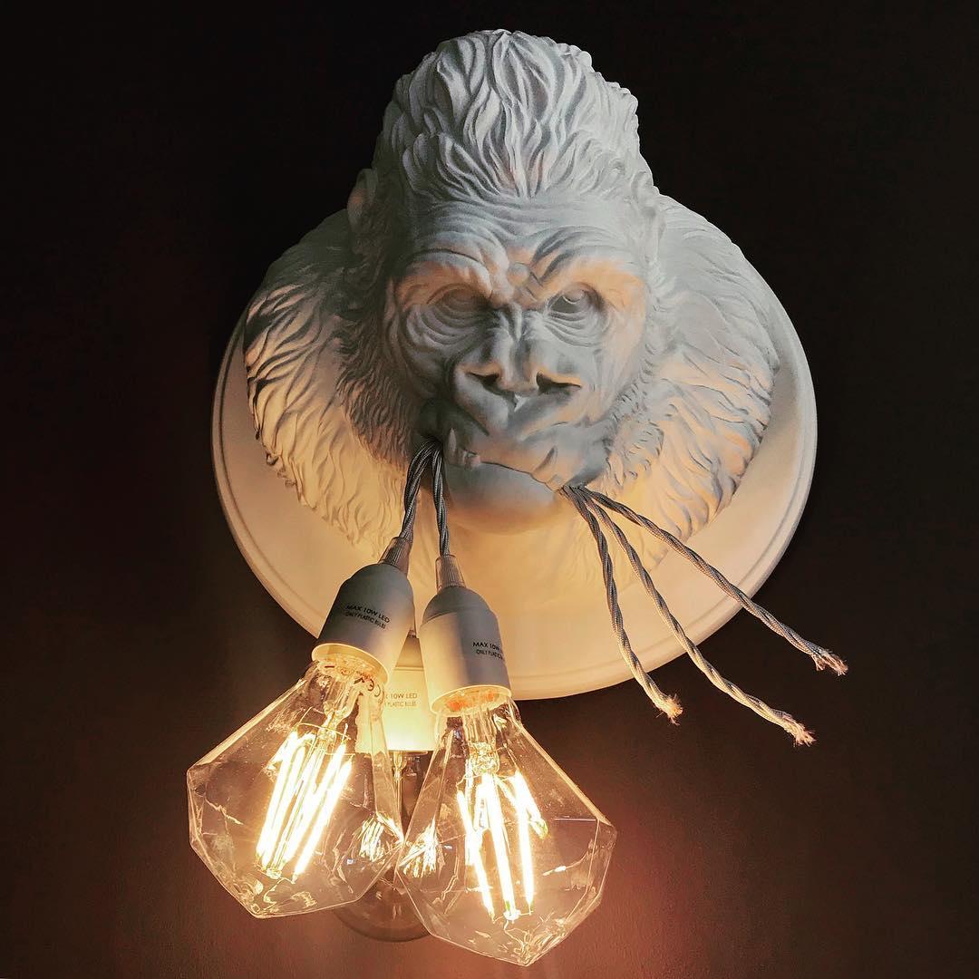 Modern Gorilla Head Wall Sconce Resin Animal Sculpture Three Light Fixture for Indoor Use