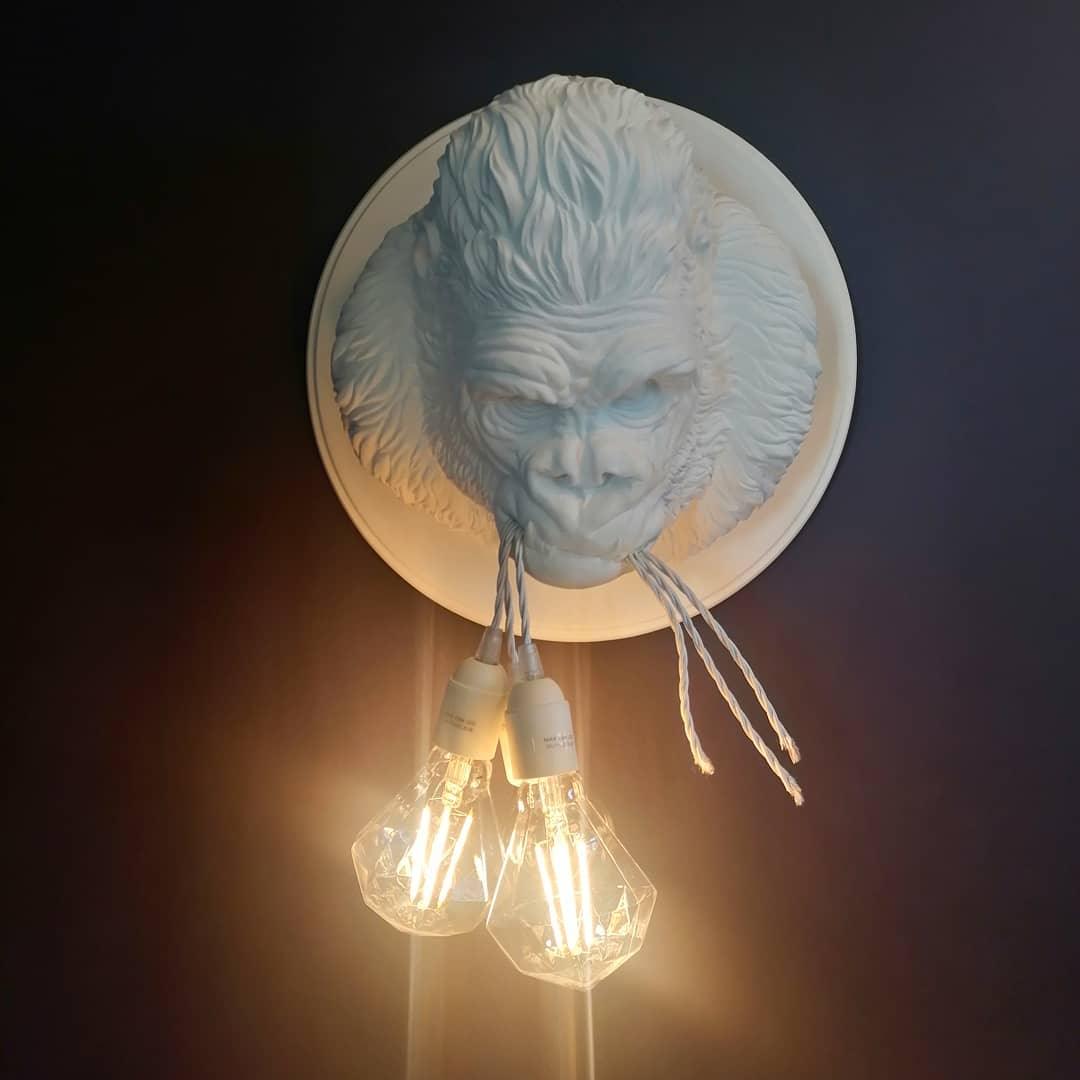 Modern Gorilla Head Wall Sconce Resin Animal Sculpture Three Light Fixture for Indoor Use