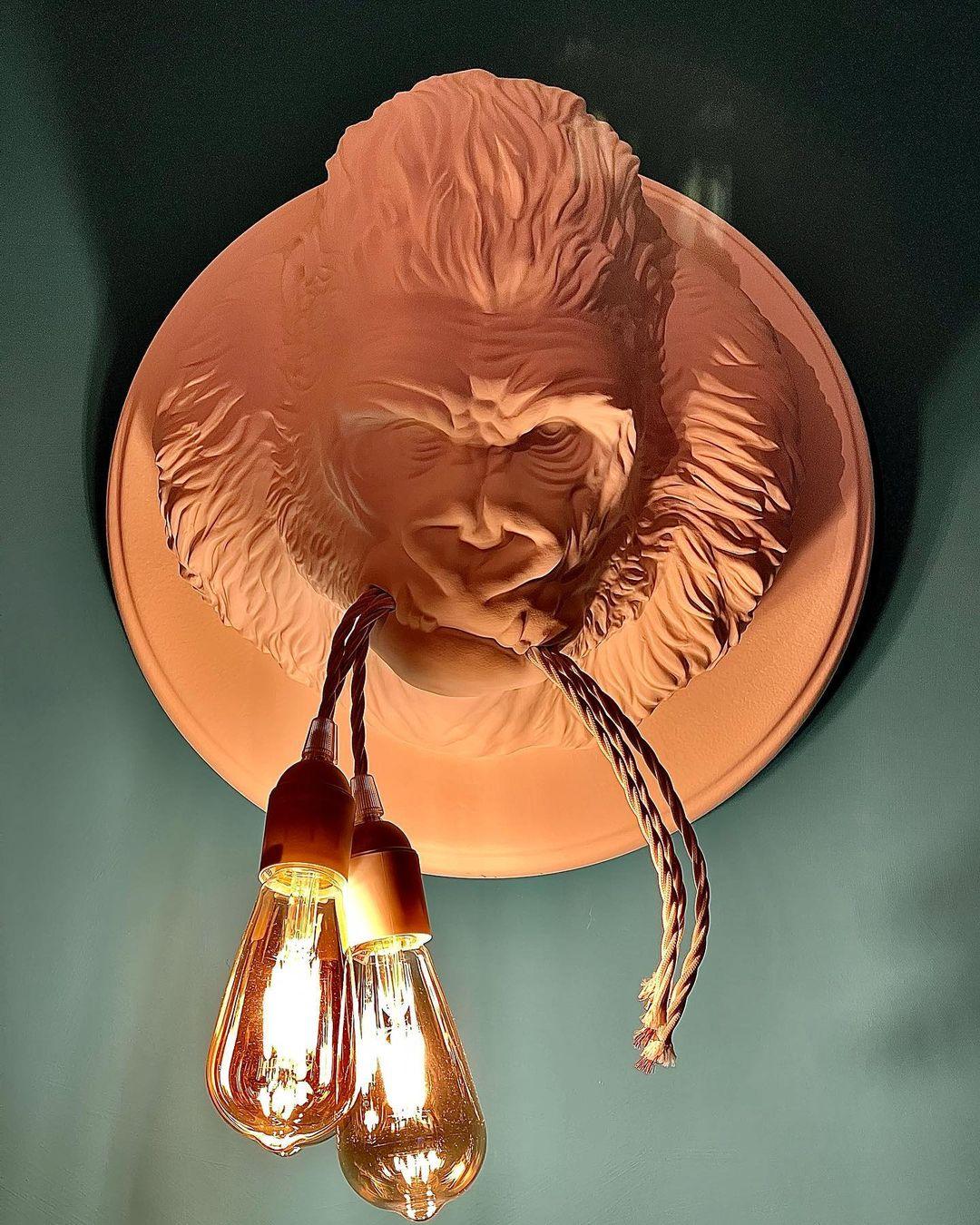 Modern Gorilla Head Wall Sconce Resin Animal Sculpture Three Light Fixture for Indoor Use