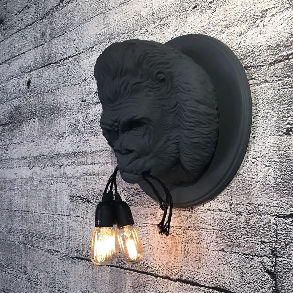 Modern Gorilla Head Wall Sconce Resin Animal Sculpture Three Light Fixture for Indoor Use