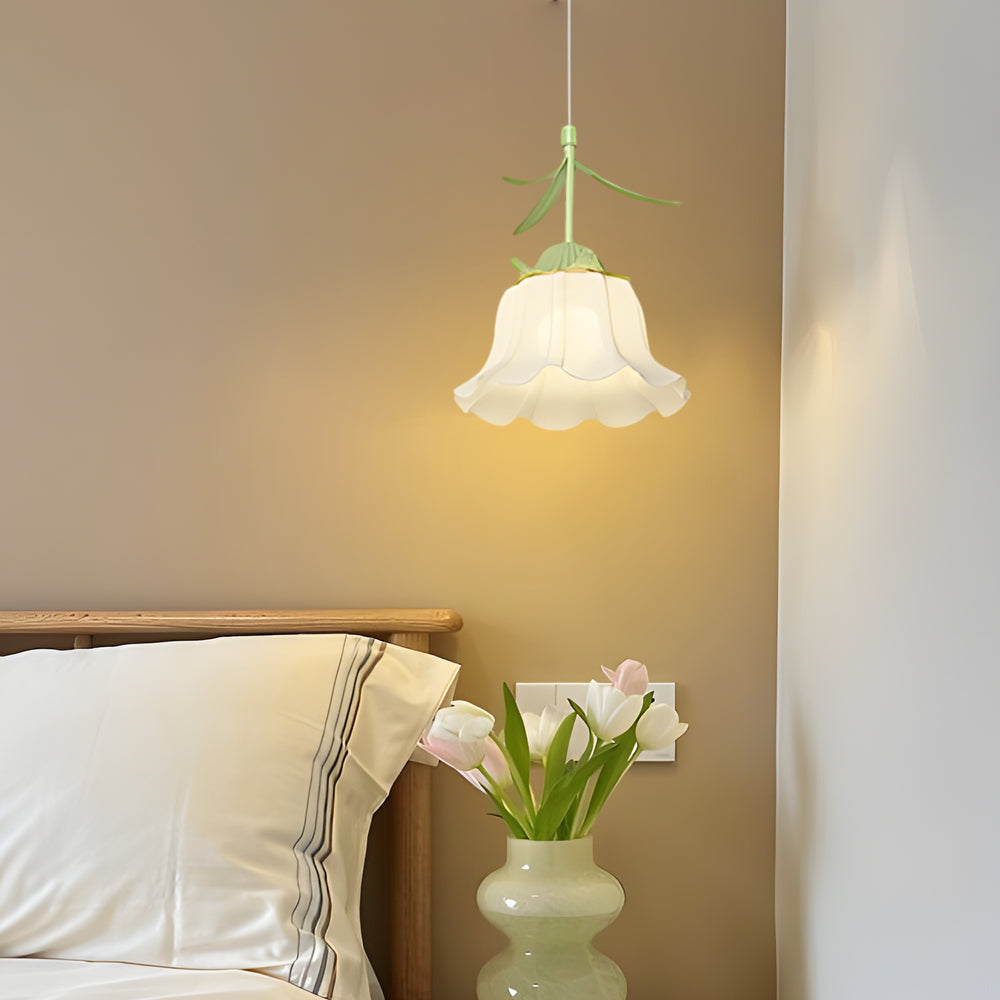 Modern Green Bell Orchid Flower Pendant Light Nordic Glass Hanging Lamp for Bedroom Bedside Lighting