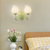 Modern Green Floral Glass Wall Sconce Three Step Dimming Flower Indoor Lamp for Bedroom and Living Room