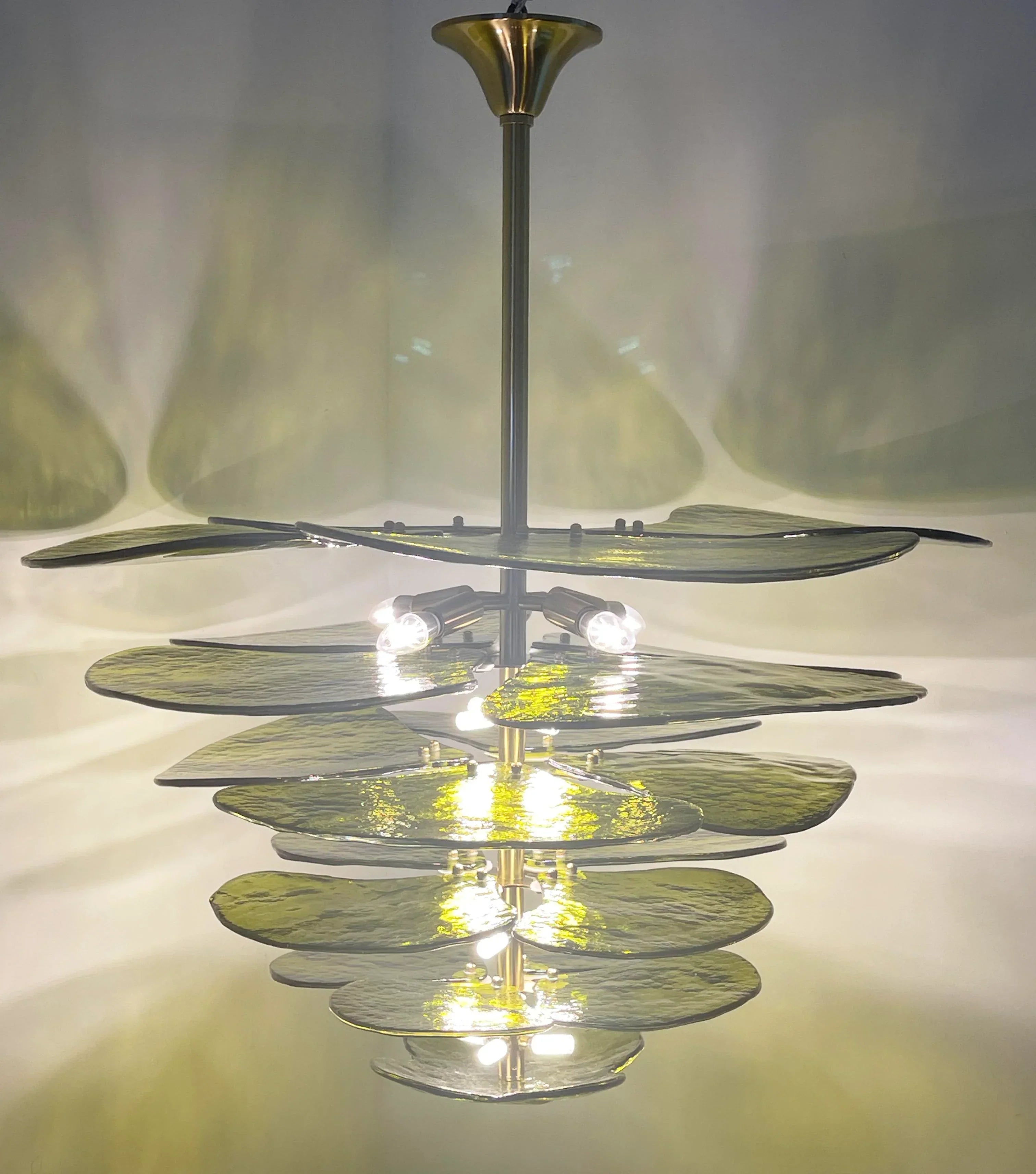 modern-green-textured-glass-leaf-chandelier-with-brass-finish-luxury-lilypad-petal-pendant-light