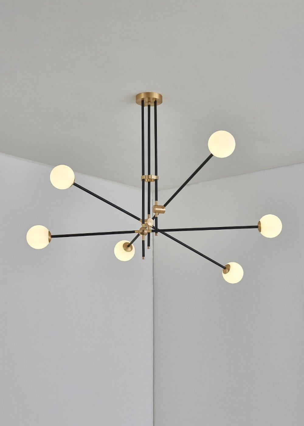 Modern Hand Blown Glass Globe Chandelier with Brass Rods Nordic Multi Head Ceiling Light