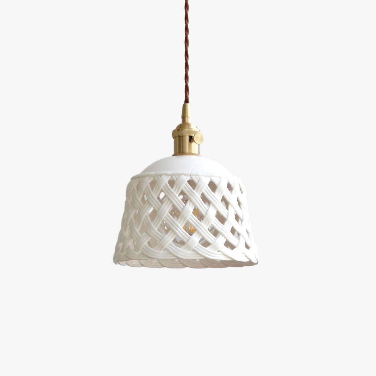 Modern Hand Carved White Ceramic Pendant Lamp with Adjustable Hanging Cord and Brass Finish