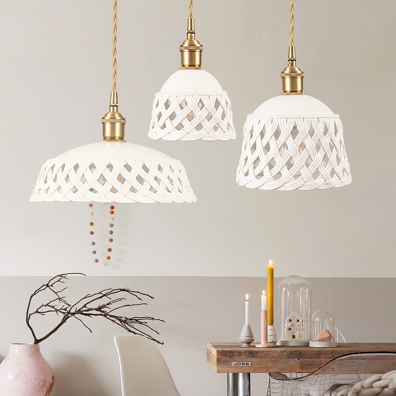 Modern Hand Carved White Ceramic Pendant Lamp with Adjustable Hanging Cord and Brass Finish