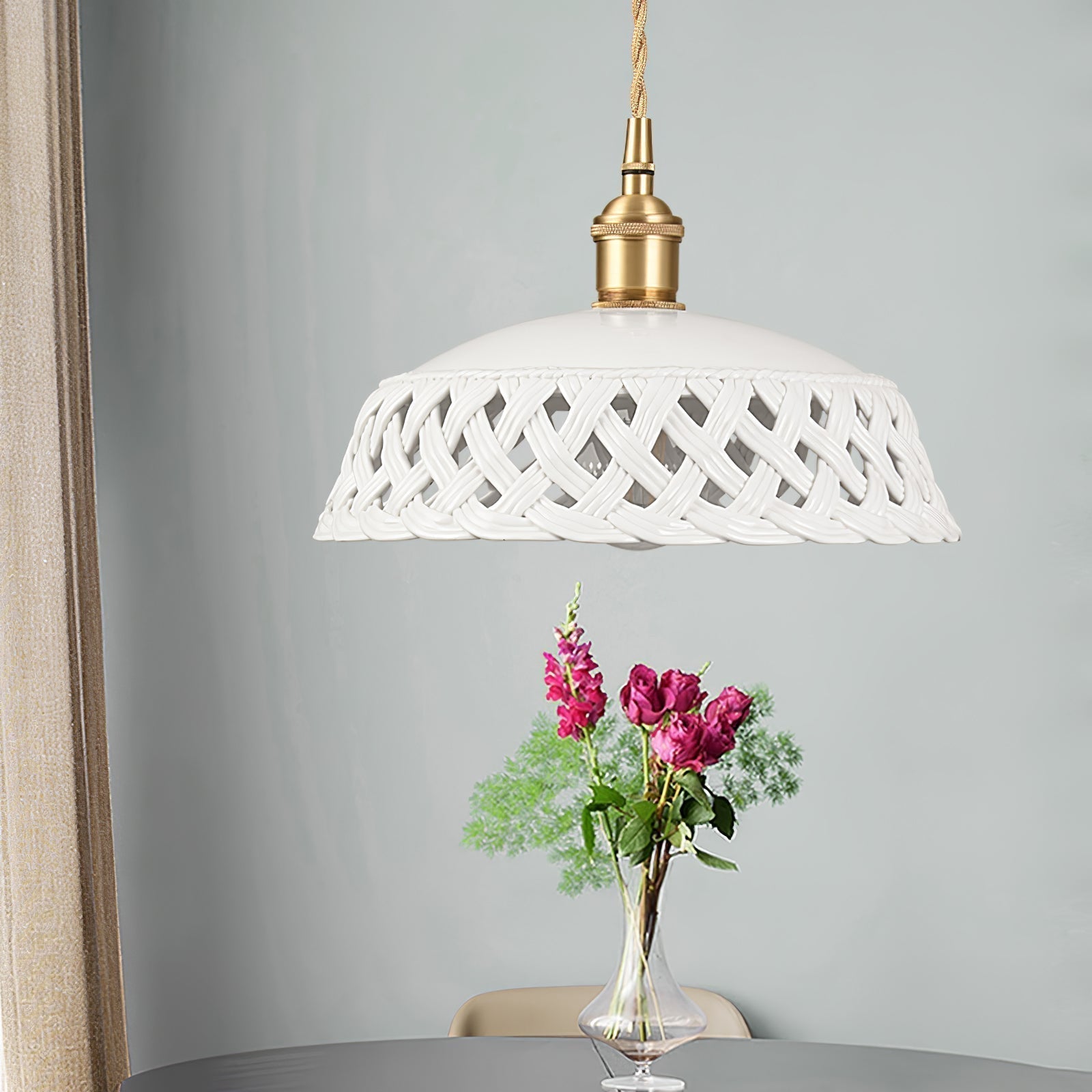 Modern Hand Carved White Ceramic Pendant Lamp with Adjustable Hanging Cord and Brass Finish